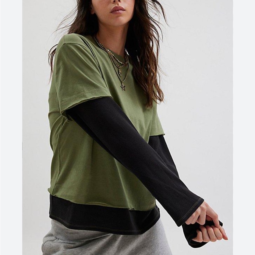 BDG Olive Green Short Sleeve Tee with Black Layered Long Sleeves